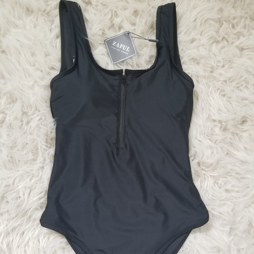 Zaful Black Zip Up One Piece Swimsuit